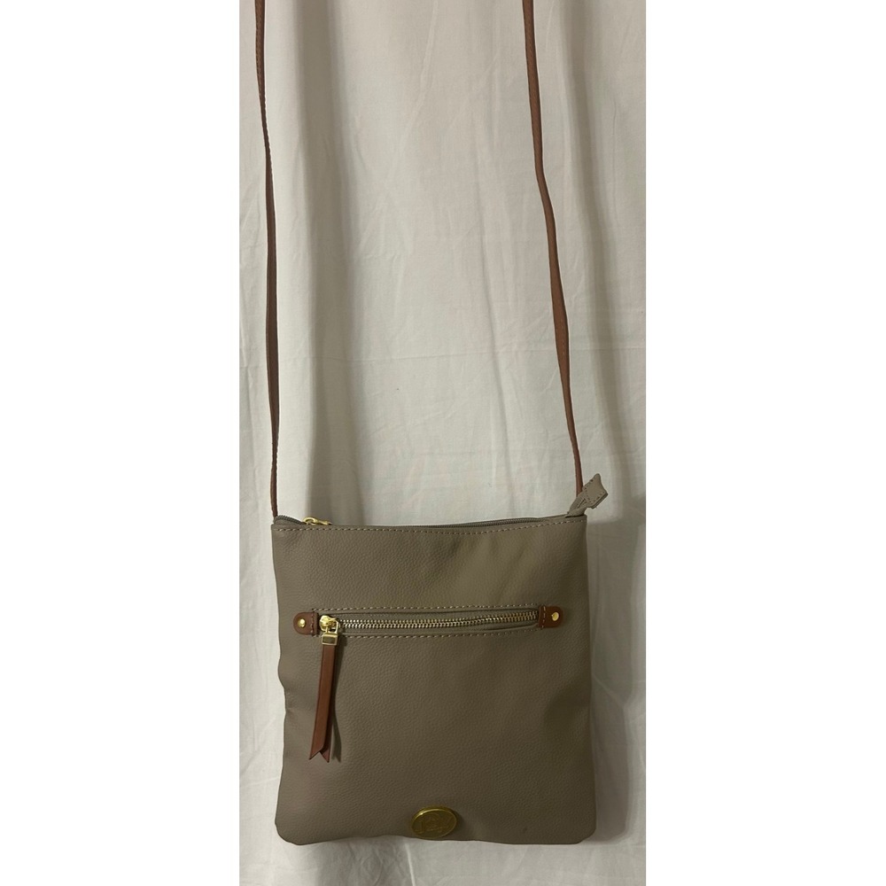 Joy Mangano Taupe Pebbled Leather Crossbody Bag Gold Logo Adjustable Strap